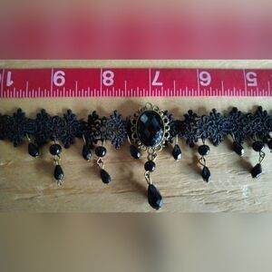 Victorian Black Lace Choker Necklace with Faceted Black Pendant